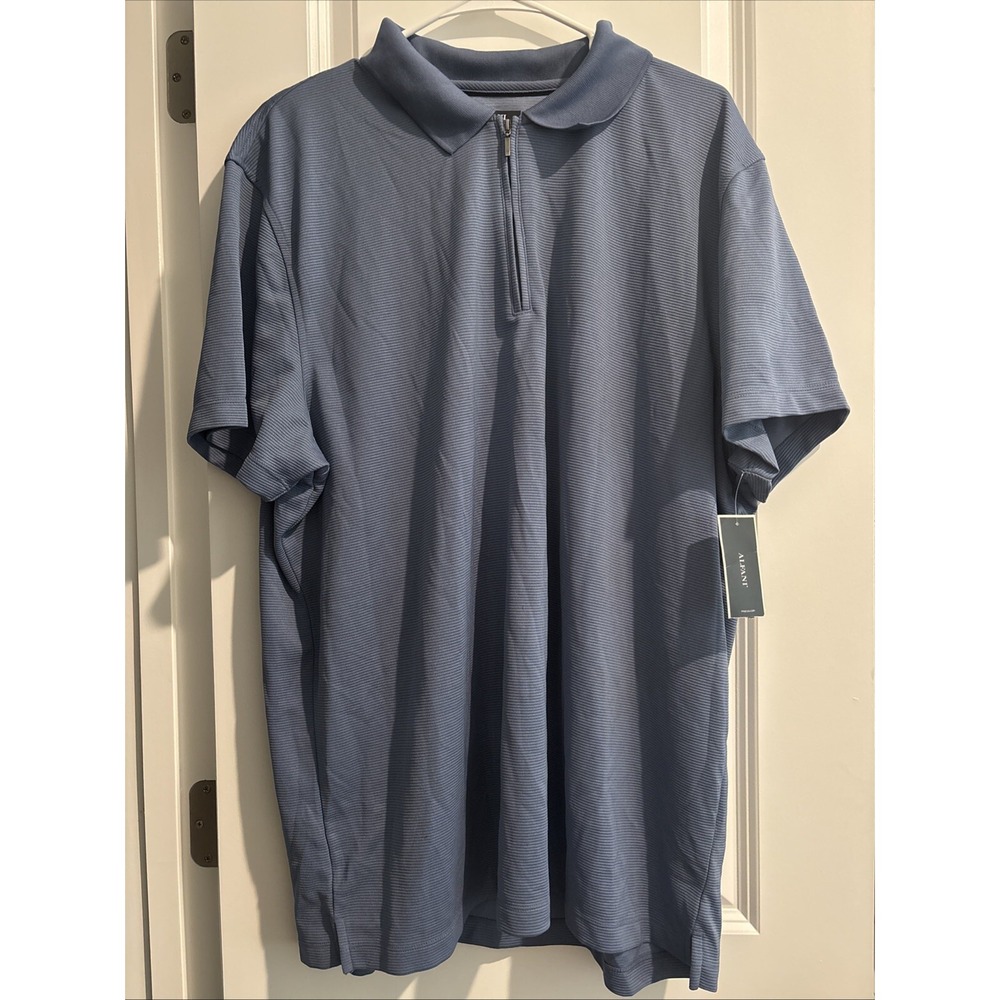Alfani‎ Men Polo Golf Shirt Short Sleeve Stripe Textured Zip Blue 2XL